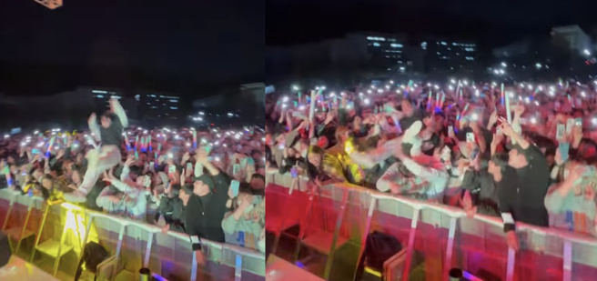 UNEDUCATED KID 助跑跃进观眾群，没想到却摔落地上。（图／翻摄自UNEDUCATED KID IG@uneducatedkid）