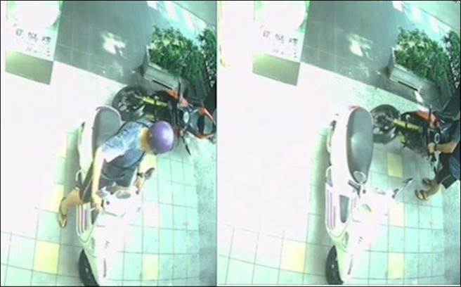 中市警五分局日前接获报案，机车车主将爱车停于骑楼遭撞受损，肇事者未报案径自离去，经警方细心追查，比对8组监视器才成功寻获。（中市警五分局提供／潘虹恩台中报导）