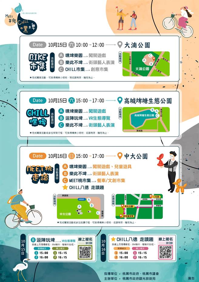 桃园为持续推广八德区埤塘友善生态与休憩旅游，八德区3座公园将于15、16日举行生态导览、单车市集及走读活动。（桃园市观旅局提供／陈梦茹桃园传真）