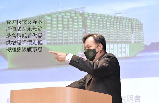 （长荣总经理谢惠全14日法说会提出海运景气七言诗「春去秋来又逢冬、运价涨跌永无终、是高是低看供需、供增需降价走低、待通膨缓战事息、止跌反转才可期」。图／王德为）