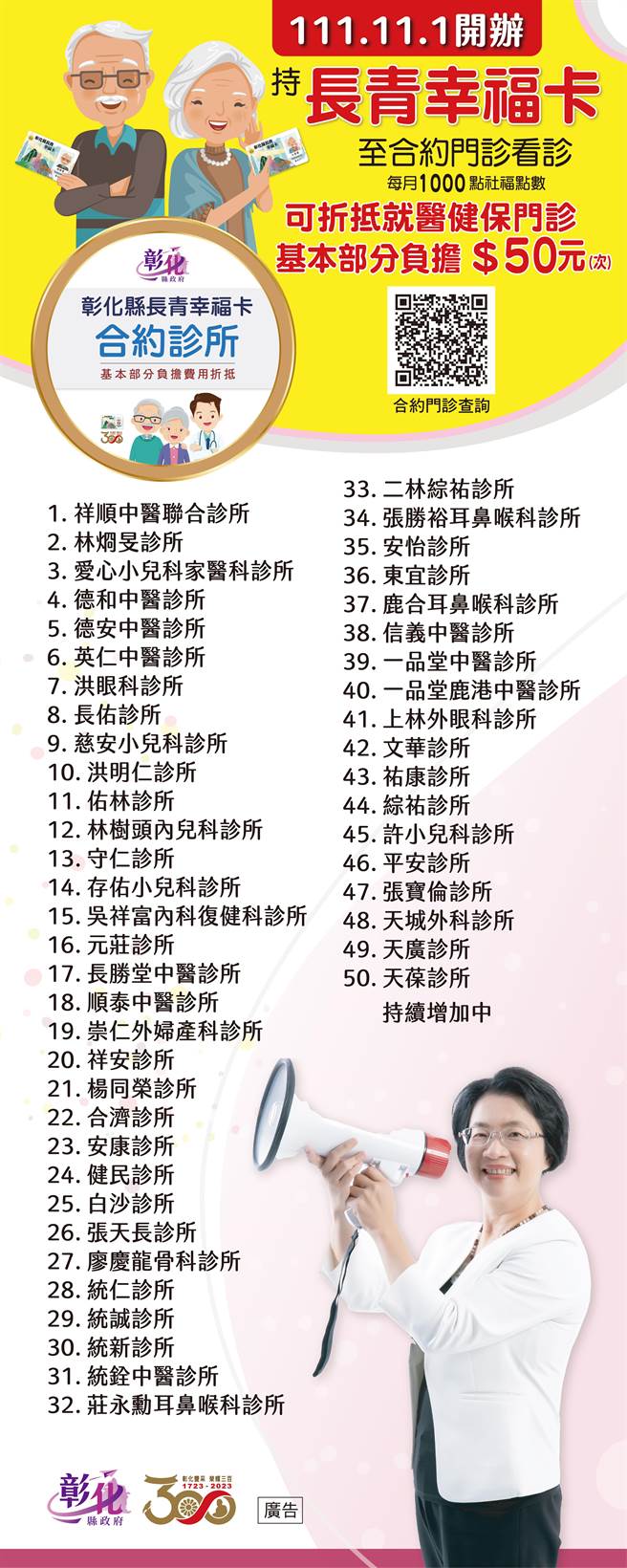 彰化县扩充长青幸福卡功能，可以折抵健保门诊基本费50元。（彰化县政府提供／吴敏菁彰化传真）