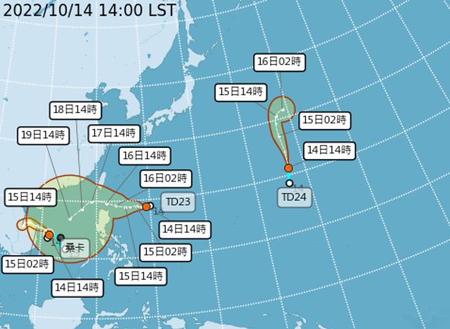 今（14）日生成的颱風「桑卡」對台灣無直接影響，但另外兩個熱帶性低氣壓，皆有機會成颱。（圖／擷取自氣象局官網）
