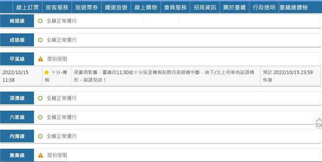 台铁表示，受上午的间歇豪雨影响，平溪线铁路午间宣布暂时中断。（摘自台铁官网／张志康新北传真）