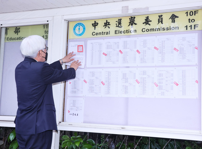 图为中选会主委李进勇（图中）今年8月18日张贴2022年直辖市长、直辖市议员、县市长及县市议员选举公告。（资料照／罗永铭摄）
