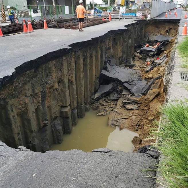 台南市永康区正南三路、中正二街附近的路面突然塌陷出现一个大坑洞。（读者提供／洪荣志台南传真）