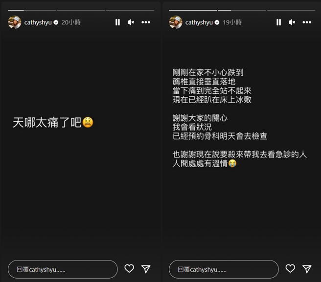 徐凱希在家中重摔，一度痛到站不起來。（圖／摘自徐凱希IG）