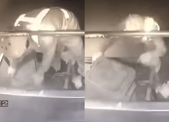 清洁员在行驶中的垃圾车后方整理厨余桶，移重心不稳惨摔地面。（翻摄自脸书爆废公社公开版）