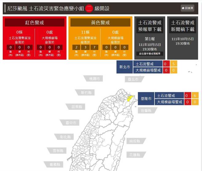 行政院农委会15日晚间发布土石流警戒，基隆市暖暖区及新北市平溪、瑞芳两区，都发布黄色警戒。（摘自水保局土石流防灾网／张志康基隆传真）