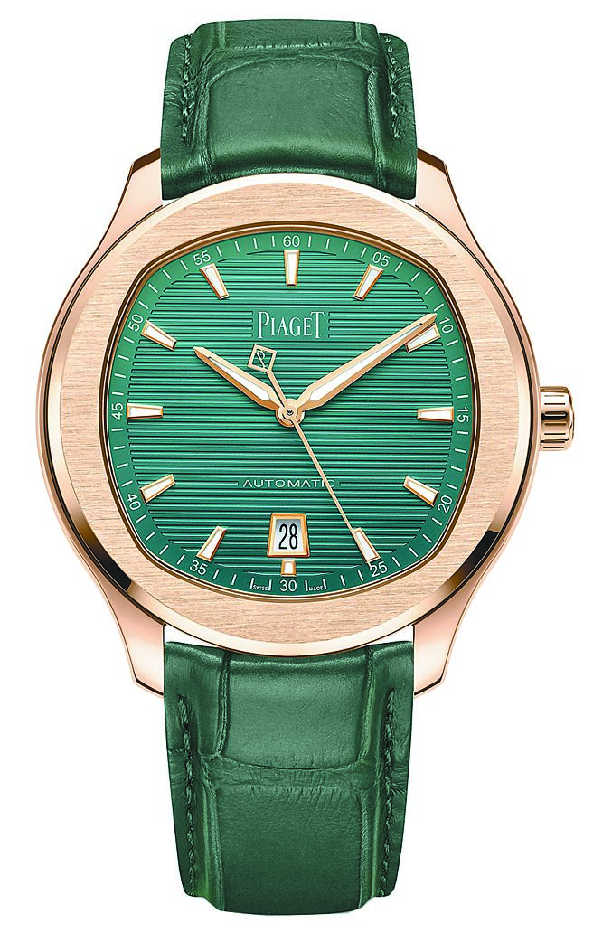 伯爵Polo系列18K玫瑰金孔雀绿日期显示腕表，89万5000元。（PIAGET提供）
