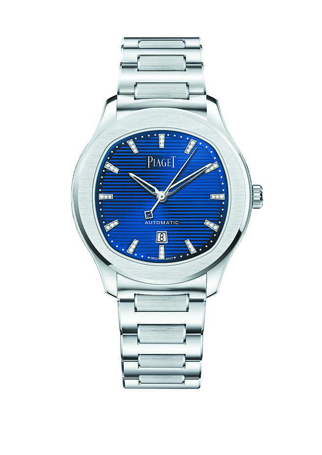 伯爵Polo系列18K玫瑰金蓝色表盘日期显示腕表，42万元。（PIAGET提供）