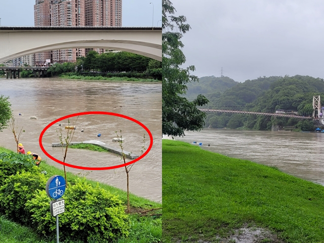 新北市新店区有民眾发现碧潭风景区的座位区已被水淹没，人行道全部消失，剩下1个ㄑ字形座位区。（翻摄自脸书「我们是新店人!! 好山好水，就是爱新店」）