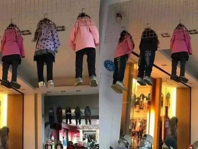 台中1名网友发现一处骑楼上方「挂着5名幼童」，近看原来是童装商店的假人模特儿，该假人搭配好全套衣服，还穿上鞋子，乍看之下就像真人。（翻摄自脸书「爆废公社公开版」）