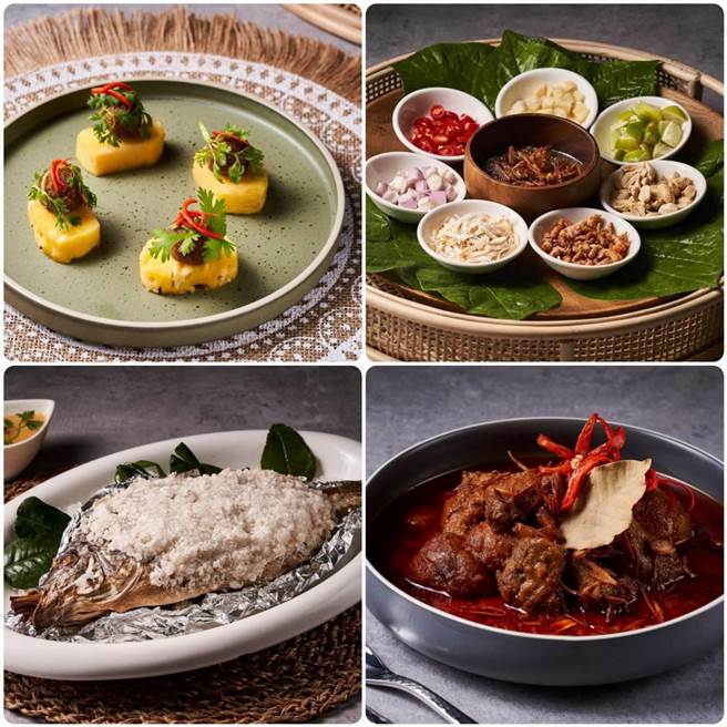 Lotus莲花泰式餐厅必点经典菜肴(由左至右顺时钟方向)为马荷、一口泰、马沙曼牛肉、古法盐烤鱼。（板桥凯撒提供／陈韵萍照片合成）