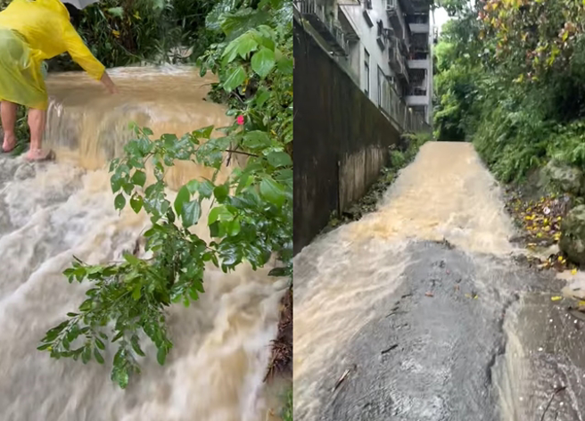 北市信義區吳興街附近道路見黃褐色泥水流下，民眾趕緊將排水溝上的殘枝樹葉清除。（翻攝自臉書信義三兩事）
