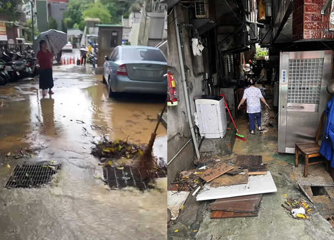 北市信義區吳興街附近道路見黃褐色泥水流下，民眾趕緊將排水溝上的殘枝樹葉清除。（翻攝自臉書信義三兩事）