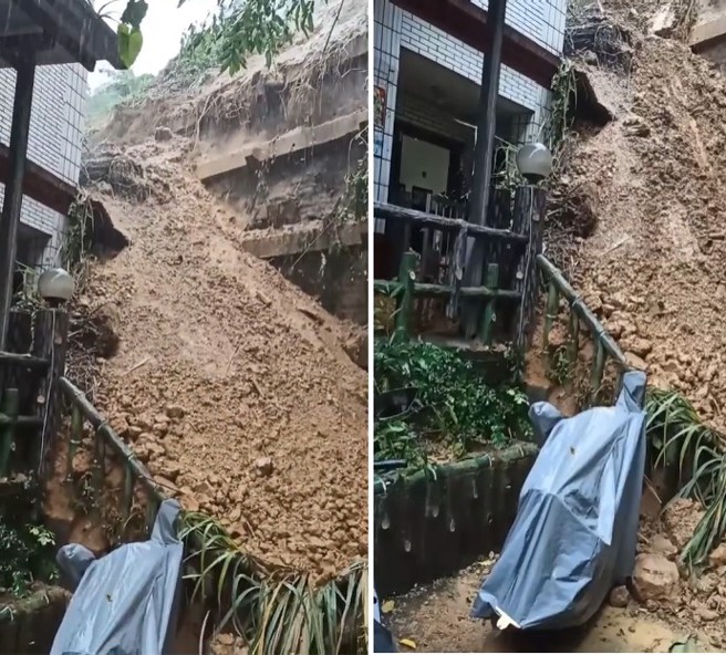 新北市汐止区伯爵山庄旁山坡土石流下，多名住户已先被撤离至附近饭店。（翻摄自汐止联盟）