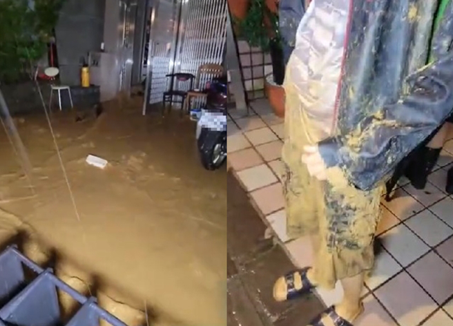 基隆市暖暖区传出土石流从住家内流出，有年轻男子下半身半身沾满黄泥。（民眾提供）