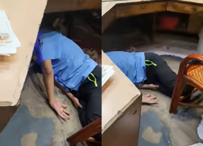 住戶拍下社區夜班保全躺在桌下稅到打呼，叫醒對方卻辯稱「鎖螺絲」，讓她相當無奈。（翻攝自臉書爆料公社公開版）