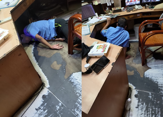 住戶拍下社區夜班保全躺在桌下稅到打呼，叫醒對方卻辯稱「鎖螺絲」，讓她相當無奈。（翻攝自臉書爆料公社公開版）