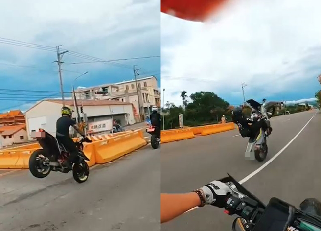 骑士不仅翘孤轮，还利用红灯前急煞车，将后轮顶起来，其模样相当危险。（翻摄自脸书重机车友 ❘ 各区路况天气、资讯分享中心）