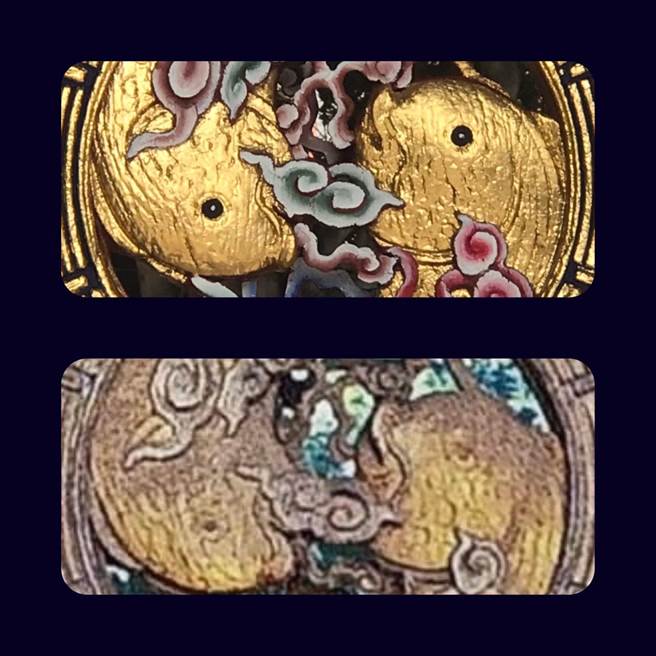 鹿港龙山寺彩绘工程，「夔龙窗」双鲤鱼灵动有神的鱼眼睛上漆后，被文史工作者形容画成死鱼眼，掀起哗然。（构社提供／吴敏菁彰化传真）