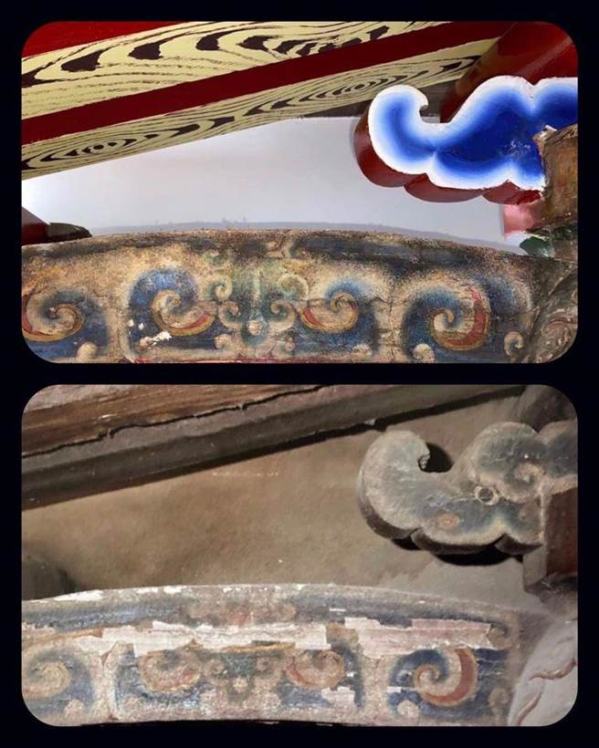 龙山寺檐下古意「螭虎头」，竟被涂改成一团艷彩青烟。（构社提供／吴敏菁彰化传真）