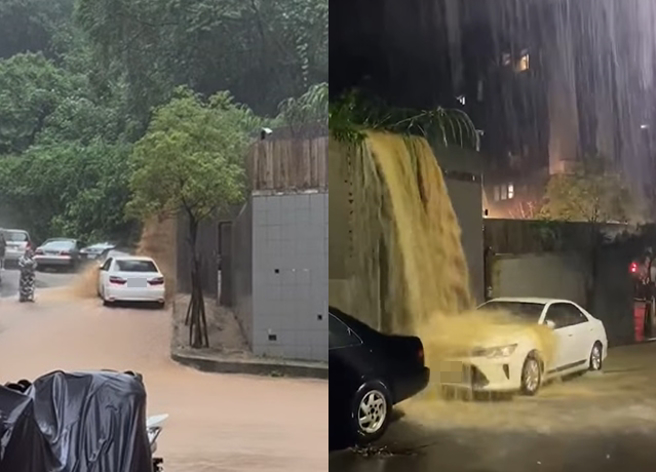 白色轿车停在挡土墙下，惨遭「泥流瀑布」猛冲刷，网友直呼「板金都被刮花了」。（翻摄自脸书我是内湖人）