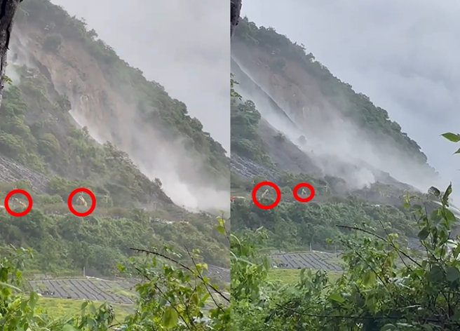 妇人看到宜兰走山情形，不禁大喊直呼「整片山掉下来了」。（翻摄自脸书骑车环岛趣）