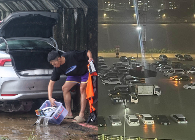 受到尼莎颱风影响，停在百龄桥下停车场的车辆遭水淹没，民眾到场检视爱车泡水状况及清理车内物品。（陈怡诚摄、翻摄自脸书）
