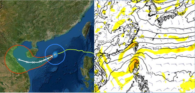 左图为中央气象局18日2时「路径潜势预测图」显示，中颱尼莎将绕过海南岛南方海面，扑向越南北部。右图17日20时欧洲模式(ECMWF)模拟周五(21日)20时天气图，热带扰动正通过吕宋岛，即将进入南海。(翻摄自「三立准气象· 老大泄天机」)