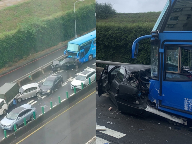 新北市三重區環河北路、龍門路口下坡處，今（18）上午8點45分發生連環車禍，一台遊覽車與5輛自小客車事故。（翻攝自記者爆料網）