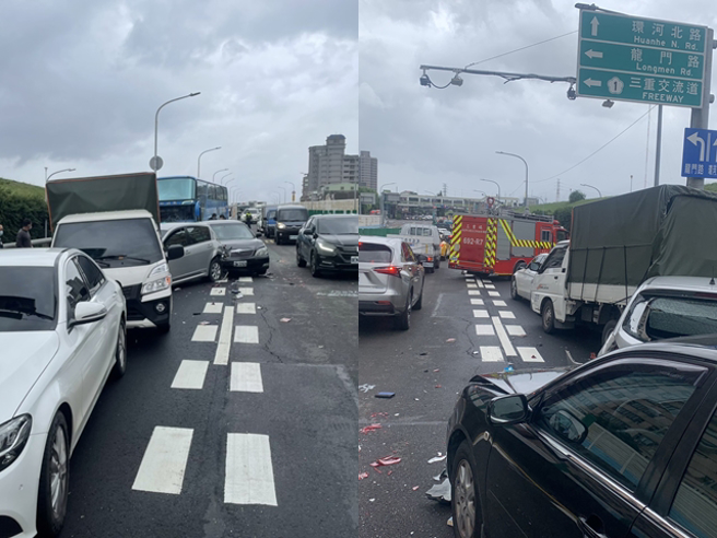 新北市三重區環河北路、龍門路口下坡處，今（18）上午8點45分發生連環車禍，一台遊覽車與5輛自小客車事故。（翻攝自記者爆料網）