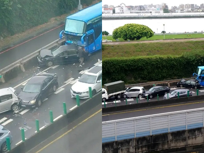 新北市三重區環河北路、龍門路口下坡處，今（18）上午8點45分發生連環車禍，一台遊覽車與5輛自小客車事故。（翻攝自記者爆料網）