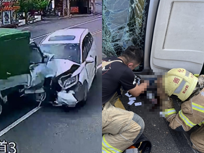 休旅车过弯失控衝向对向车道，造成1辆货车遭撞腾空水平转了一圈后横躺路中，车体变形，驾驶卡在车内顏面受损、双脚骨折，目前送医后仍昏迷。（翻摄自记者爆料网）