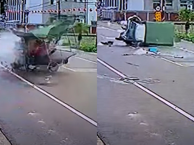 休旅车过弯失控衝向对向车道，造成1辆货车遭撞腾空水平转了一圈后横躺路中，车体变形，驾驶卡在车内顏面受损、双脚骨折，目前送医后仍昏迷。（翻摄自记者爆料网）