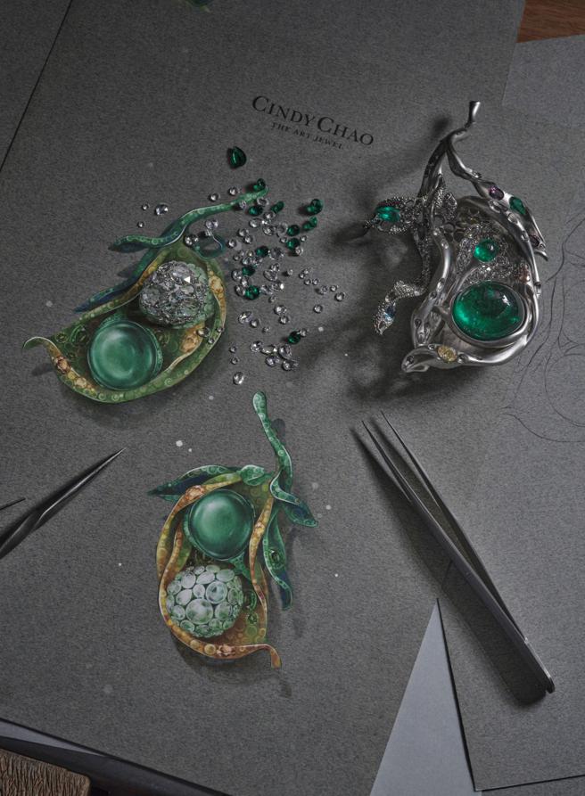 CINDY CHAO今年Black Label Masterpiece 大师系列春之荳蔻胸针，从手绘图到完成作品，每个细节都让人讚叹。（CINDY CHAO提供）