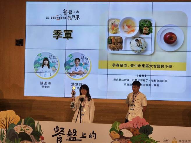 台湾学校午餐大赛以「餐盘上的旅行家」为主题，台中市大智国小勇夺季军及创新交流奖双项殊荣。（台中市教育局提供／陈淑娥台中传真）