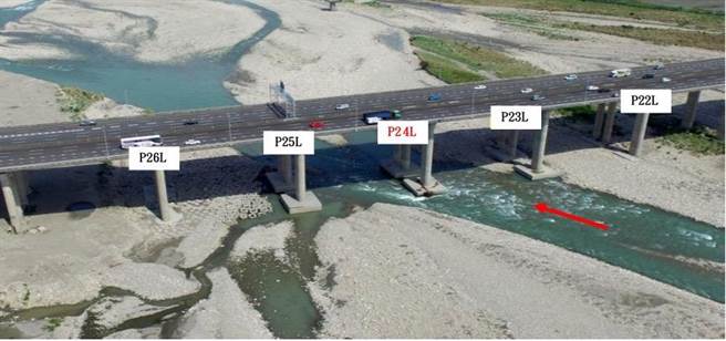 國3大甲溪橋試驗橋址(P24L)鋪設鼎型塊＋地工織布保護工法前河道狀況(運研所提供)