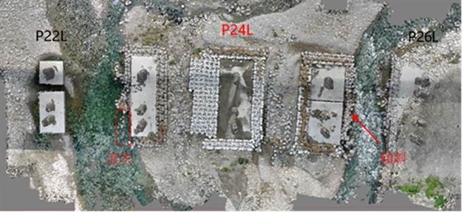 經2021年颱洪沖刷後試驗橋址(P24L)與鄰近橋基沖刷情形比較(運研所提供)