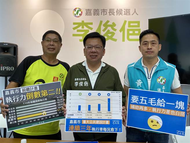 民進黨嘉義市長候選人李俊俋（中）批黃敏惠市長率領的市府執行率低，議員蔡文旭、議員參選人黃盈智助攻。（廖素慧攝）
