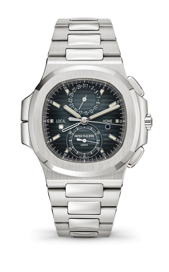 百達翡麗鋼表向來搶手，編號5990/1A-011腕表正是其一，藍色與黑色漸層陽光放射狀表盤，200萬1000元。（Patek Philippe提供）