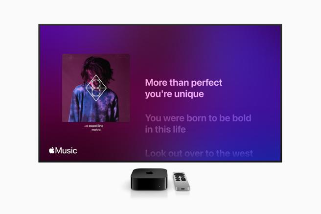 在 Apple TV 4K 上提供内含超过一亿首歌的歌曲资料库、专业编排的歌单、各式音乐录影带，以及更多精彩内容。（苹果提供）