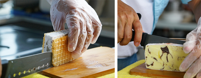 手切冰淇淋看似轻松，其实极需力气和技巧，利用杠杆原理加上身体的重量压切，才能俐落下刀且不让冰淇淋变形。(摄影/Cindy Lee)