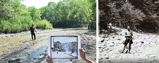 坤哥站在荖藤溪和粗坑溪匯流處，重現約翰・湯姆生的影像畫面《與我們的武裝嚮導丁才在枋寮附近的小溪》。(左圖：攝影/Carter、右圖：攝影/Cindy Lee 翻拍自游永福《尋找湯姆生：1871臺灣文化遺產大發現》）