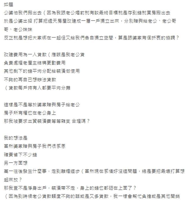 原PO在想自己是不是该出装潢费。（图／翻摄自Dcard）