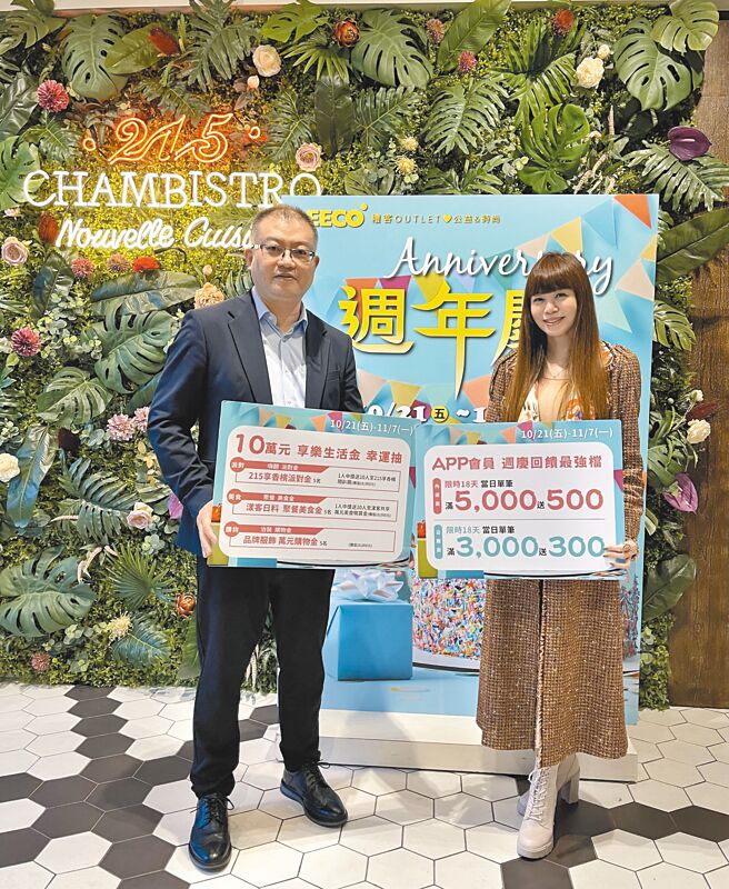 时尚CEO礼客董事长温筱鸿（右）与礼客副总经理夏伟亮，今年首打造全檔期满千送百优惠。（礼客Outlet提供）