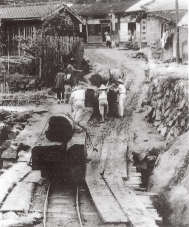 林彧文中所述的「轻便车轨」拖运杉木情景。（林柏维提供）