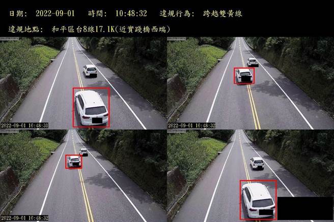 和平区台8线17.1K实践桥，侦测取缔跨越双黄线违规车辆。（台中市警察局提供／张妍溱台中传真）