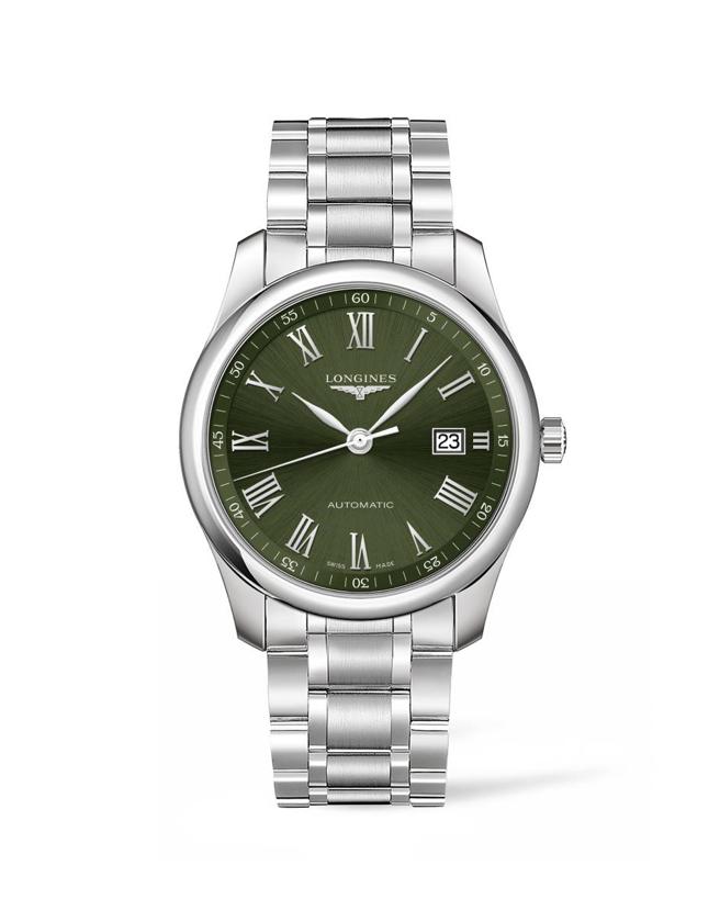浪琴表Master巨擘系列40mm橄欖綠色面盤不鏽鋼表帶男表，6萬8500元。（Longines提供）