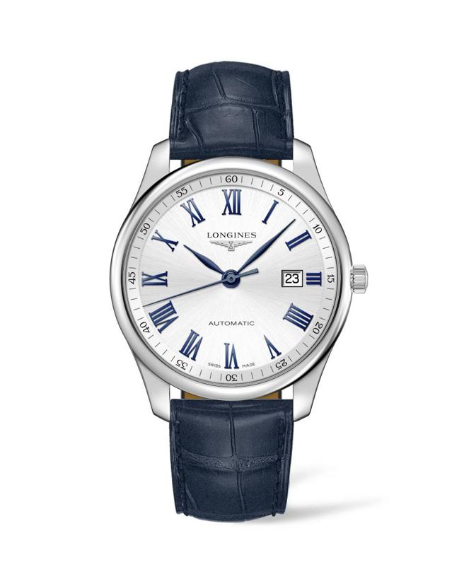 浪琴表Master巨擘系列42mm銀色面盤藍色皮革表帶男表，7萬2600元。（Longines提供）